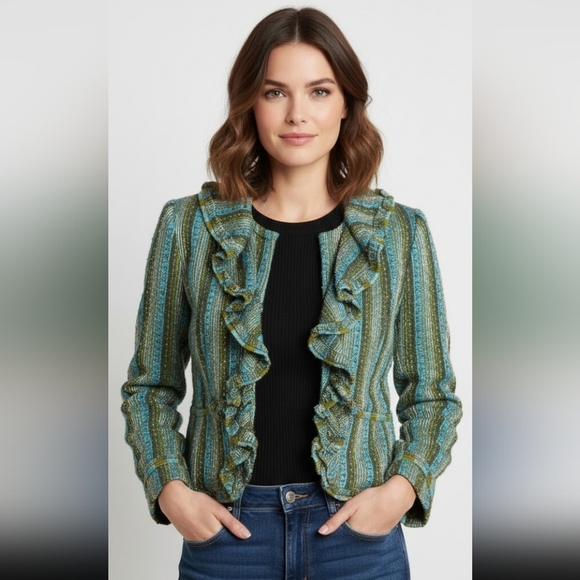 ECI Jackets & Blazers - ECI Green and Blue Striped Ruffle Blazer